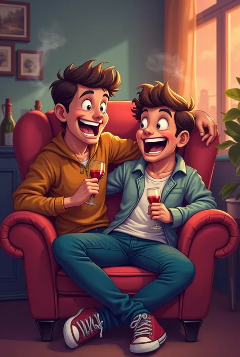  Two boys sitting in a club chair,  They are partying ,  design you can only see them twisting up , with cartoon 