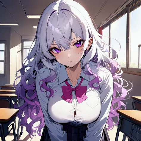 [high quality, best quality], 1girl, classroom, white hair, neon purple hair, gradient hair, long hair, wavy hair, messy hair, school uniform, looking at viewer, expressionless, arrogant, medium-large breast, tall, 180cm tall,