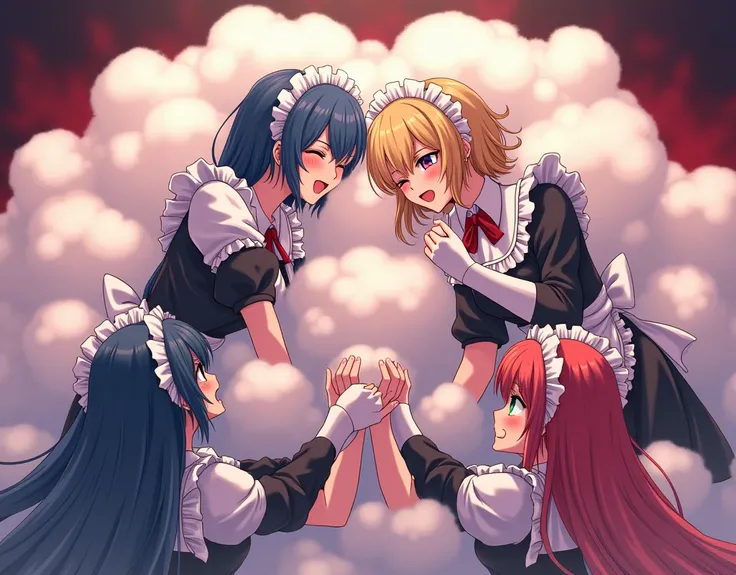 An anime-style art depicting many vampire-maids playfully wrestling with each other inside a hell comical fight cloud.
each maid has different  colored hair.
their faces,hands,and feet are visible emerging from the cloud as they tussle humorously,  with th...