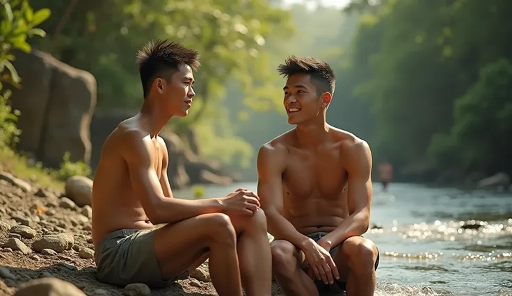  2 skinny indonesian actor men not wearing clothes, using shorts,wearing shoes relaxing by the river 