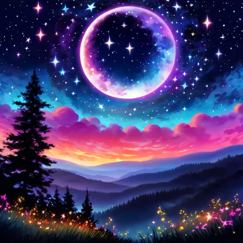 Pretty night sky, one moon, dancing stars, magic moonglow, magic, glittering twilight