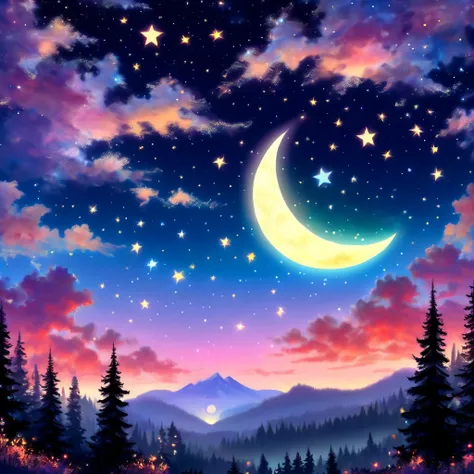 Pretty night sky, one moon, dancing stars, magic moonglow, magic, glittering twilight