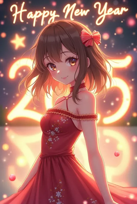 anime style woman,  medium long brown hair , hazel eyes and new years dress and back in the background say happy new year 2025