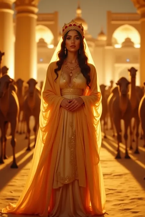 A realistic picture event with Arabian Nights theme. A woman in a gold dress, wrapped in peach white robe, gold lehenga-dress, colourful crown headwear with a gold sash, golden arabic dress. Background features royal palace architecture, camels, golden lig...