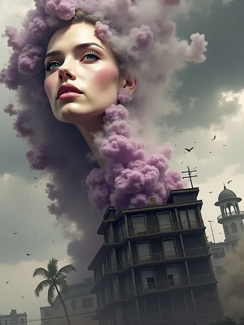 (( Mist and purple smoke cover up :1.7)), (Mysterious fog:1.5),  A visualization of an intense storm :  the storm cloud takes the shape of a womans face ,  obscured by the shadows and nuances of the turbulent cloud formations . From your mouth,  strong win...