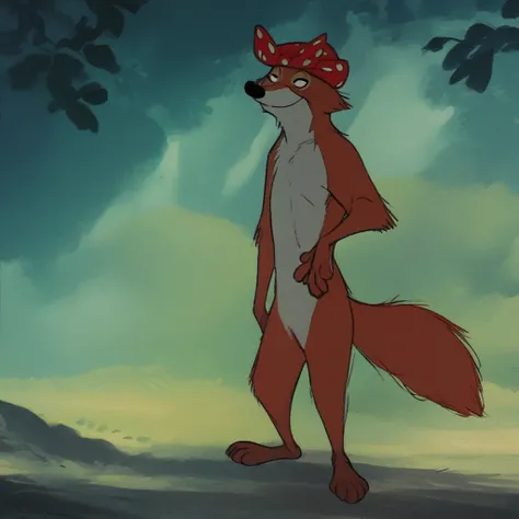 Robin Hood, Anthro Fox, fox, Disney, Red fur, white markings, fox tail, black eyes, black nose, fox tail, naked, nude, standing, full body, footpaws, facing viewer