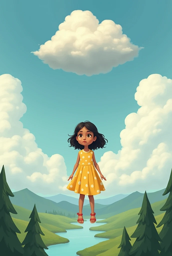 A photo of Laurinha, a  girl, light brown, with black hair and light brown eyes, wearing a yellow dress with white polka dots and red sandals, was above the clouds and looking down from above, she saw the trees and rivers down on the ground and without rea...