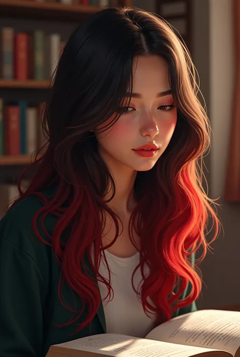 A young woman with long hair with a combination of dark brown and red, styled in loose waves. The red highlights are concentrated towards the front and frame her face. studying and listening to music in a library semi realistic art digital graphic novel 