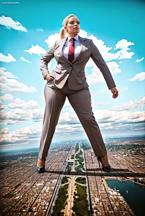 view from outer space of an approaching young giga giantess, Giantess art, 500 miles tall giga giantess, young white sophisticated and stylish woman in a light grey italian trouser suit, form fitting crisp office shirt, and a large wide necktie in a windso...