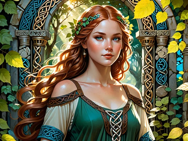 A young Celtic girl with striking blue eyes and charming freckles, showcasing an hourglass figure with wide hips and a delicate chin. She is depicted in a serene, mythical forest setting, surrounded by ancient stone ruins and lush greenery. Sunlight filter...