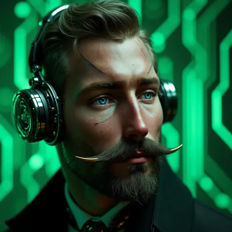 A photorealistic portrait of a man with a retrofuturistic vibe, featuring a Victorian-inspired metallic mustache and beard integrated with intricate steampunk-style cybernetic implants. Dramatic cinematic lighting and high contrast emphasize the reflective...