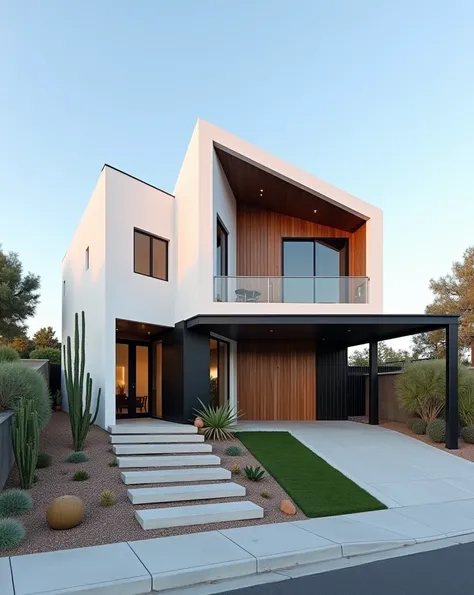 A modern luxury house with a unique and minimalist design, featuring a slanted roof and bold angular shapes. The facade is predominantly white with contrasting black steel accents and vertical wood paneling on one side. The entrance is defined by a recesse...