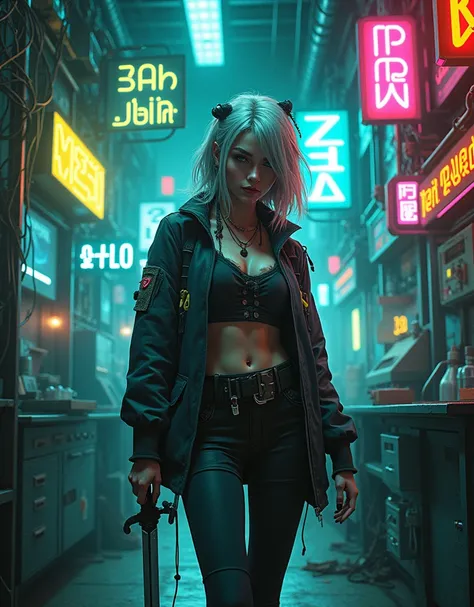 A cyberpunk digital artwork depicting a technological future, characterized by dense neon signs in various colors such as green, blue, yellow, pink, orange, and red. The central figure is a girl holding a sword, woman in futuristic cyberpunk outfit, grey h...