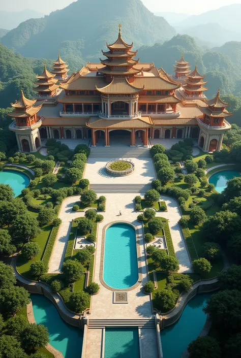 Aerial view of a gigantic Palace in China, with swimming pool, helipad,  lush gardens and add a lot more luxury