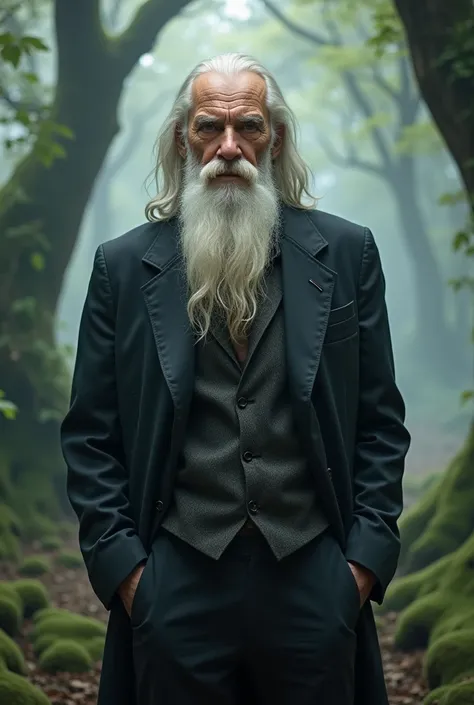 A wise old man with a beard who demonstrates wisdom inspired by fantasy But let his clothing be a modern suit 