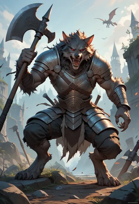 A werewolf wearing armor ,  holds a large war axe ,  holds with both hands by the handle of the axe, gray fur,  red eyes ,Armadura preta, barefoot,  Open mouth