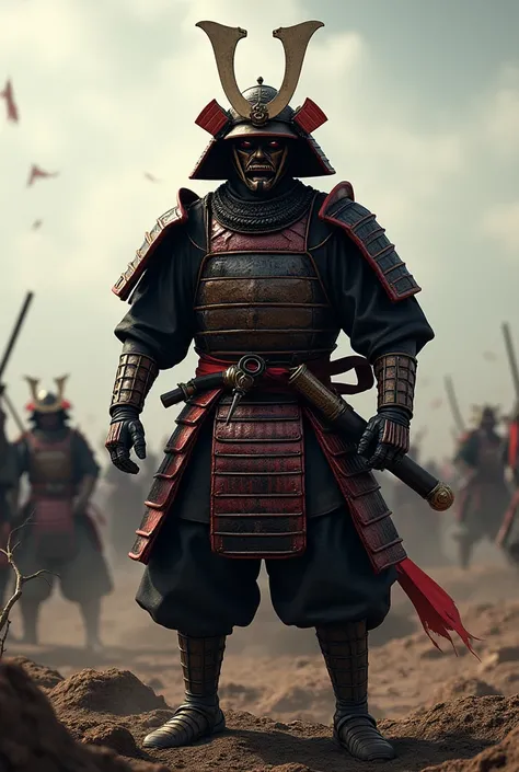 Create a realistic image of a Japanese samurai wearing all his typical clothing on a battlefield.