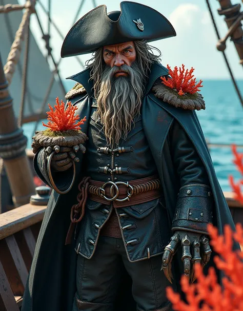 A pirate captain with a big pincer on his arm is standing on the deck. Half of his face is covered with coral reefs. He looks rough and wears a dark pirate hat. He is wet, epic, fantasy character, the Age of Discovery, Pirates of the Caribbean,extremely de...