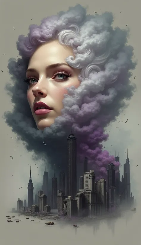 ( Mist and purple smoke cover up :1.7)), (Mysterious fog:1.5),  A visualization of an intense storm :  the storm cloud takes the shape of a womans face ,  obscured by the shadows and nuances of the turbulent cloud formations . From your mouth,  strong wind...