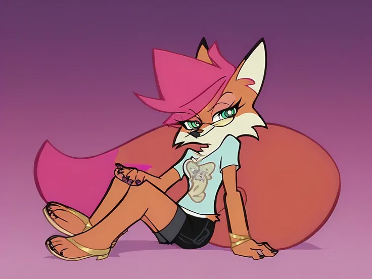 The image features an anthropomorphic fox in the distinct art style of Panty and Stocking with Garterbelt. The fox is sitting cross-legged on the floor, with a relaxed posture that exudes a laid-back vibe. Its fur is a vibrant orange with white accents aro...