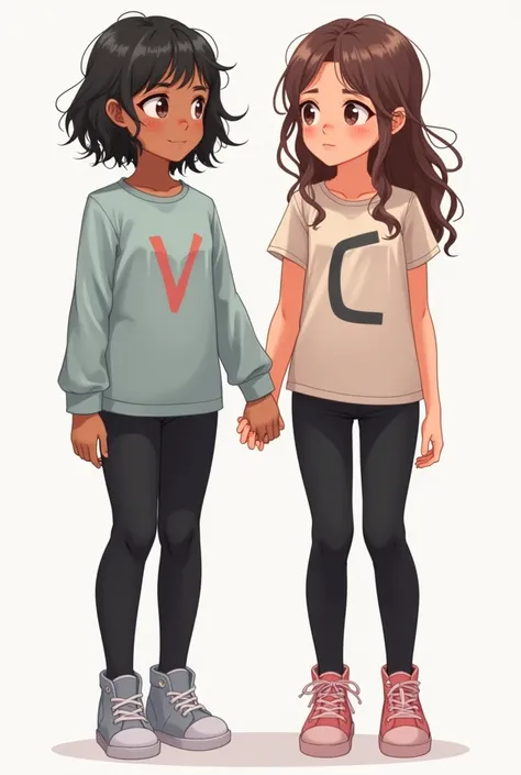  Image of two girls from the front holding hands , dressed in black leggings ,  one with short hair with the initial V on the shirt and cachucha and the other with long hair with the initial C on the shirt