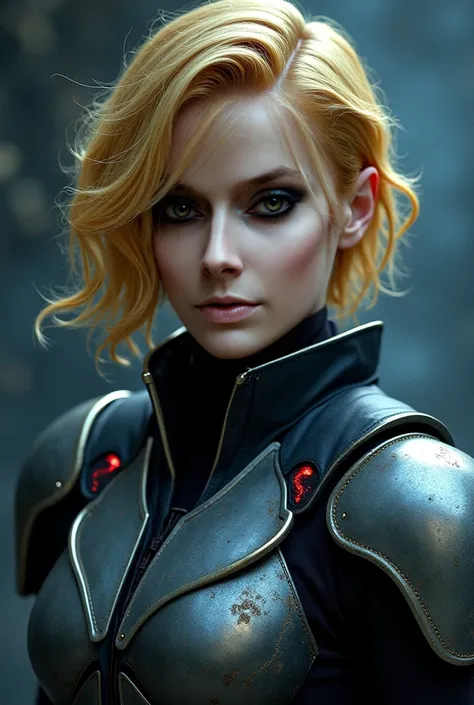 A striking Sith woman with short, golden blonde hair that frames her pale, flawless face, a reflection of her dark side alignment. Her piercing yellow eyes, glowing with Sith intensity, radiate an aura of power and mystery. She wears sleek, battle-worn arm...