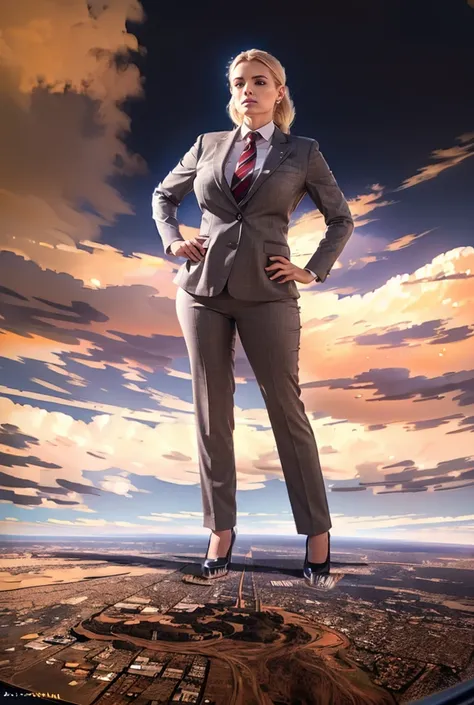 view from outer space of an approaching young giga giantess, Giantess art, 500 miles tall giga giantess, young white sophisticated and stylish woman in a light grey italian trouser suit, form fitting crisp office shirt, and a large wide necktie in a windso...