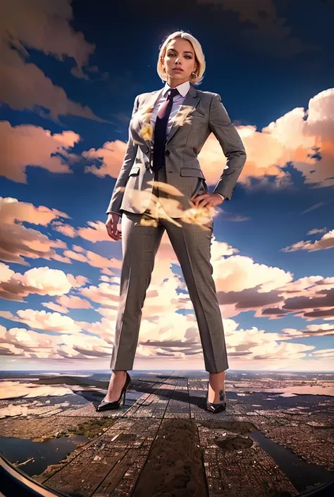 view from outer space of an approaching young giga giantess, Giantess art, 500 miles tall giga giantess, young white sophisticated and stylish woman in a light grey italian trouser suit, form fitting crisp office shirt, and a large wide necktie in a windso...