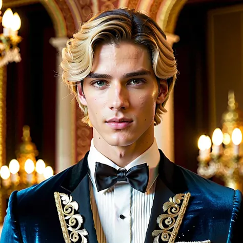 Visualize a 20-year-old Spanish prince, the embodiment of grace and refinement, standing amidst the grandeur of a palace ballroom. His fair, short blond hair is impeccably styled, framing his face with a youthful yet princely allure. His eyes, the lightest...