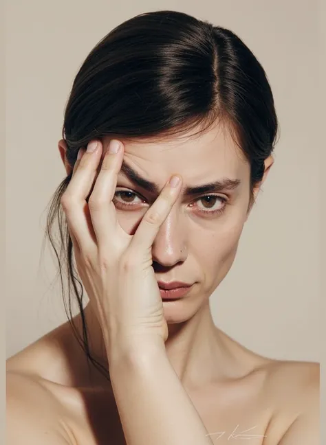 alta resolución, woman with a frown holding her face with one of her hands 