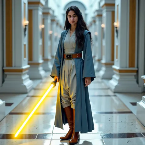 Use this image and create a woman  (( realistic )) long hair, and black in color.  Who wears gray and blue Jedi robes . Wearing gray pants .  who wears long brown boots .  That you carry in your hand a single-leaf lightsaber in the color yellow, at an angl...