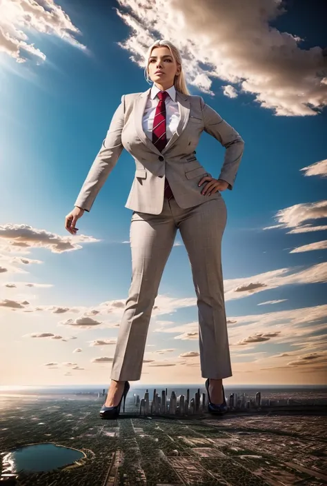 view from outer space of an approaching young giga giantess, Giantess art, 500 miles tall giga giantess, young white sophisticated and stylish woman in a light grey italian trouser suit, form fitting crisp office shirt, and a large wide necktie in a windso...