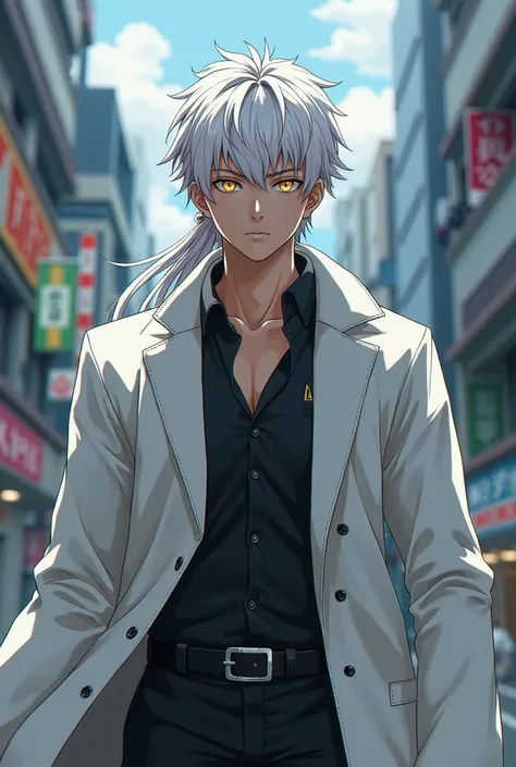 Create an image of a Boku-style character in Hero Academia, a dark-haired teenage character with long white hair with golden eyes and a strong body wearing an all-white overcoat. 