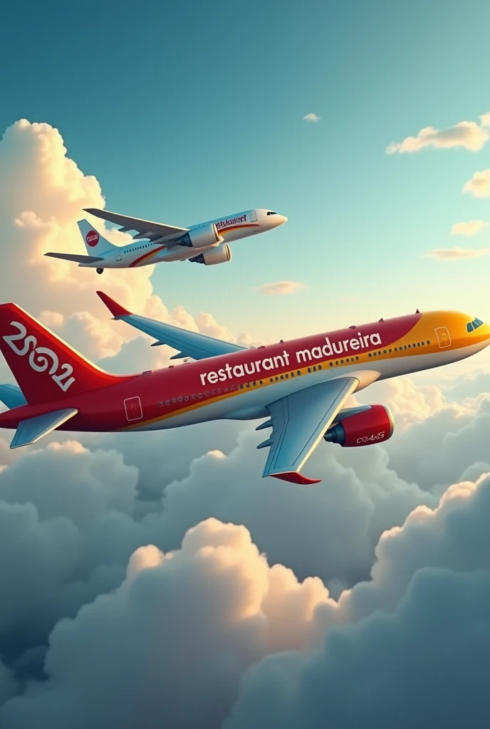 Two planes 
The first plane written 2024 leaving the second plane written 2025 arriving on the plane written in 2025 which is red and yellow in color is written happy new year restaurant Madureira