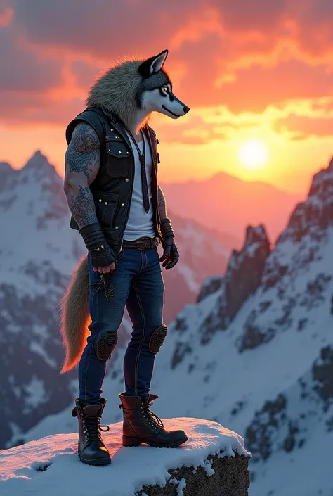  Create the image of a human wolf dressed in denim jeans ,  shirt with tie and jacket with tattoos on his arms and wearing motorcycle boots, Watch the sunrise on the top of a snowy mountain 