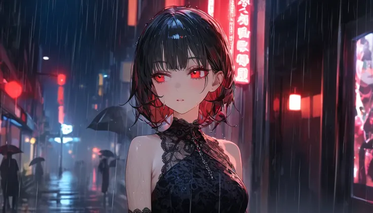 (( top quality , 8k,  lace maxi dress standing in the rain, In the Rain, Red Light District,  High Definition Face and Skin Textures,   detail eyes,  double eyelid .)