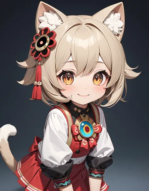 (best quality, ultra detailed), masterpiece,, perfect face, Genshin impact Kachina, cute outfit, cat ears, cat tail, naive smile, loli