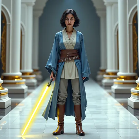 Use this image and create a woman  (( realistic )) With short shoulder-length hair and black in color.  Who wears gray and blue Jedi robes . Wearing gray pants .  who wears long brown boots . He carries in his hand a single-leaf lightsaber of yellow color ...