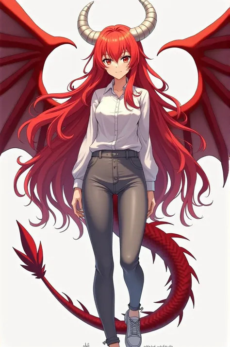 anime woman, Long red hair, Ojos rojos,  white horns ,  sturdy body , red dragon wings , white shirt , gray pants,  red dragon tail and white shoes