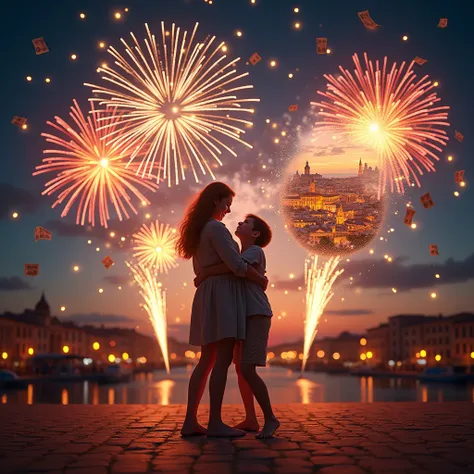  A festive setting with colorful fireworks in the night sky,  inside each explosion of the photos has : A shower of money ,  on the other a tourist spot in Portugal,  on the other a happy mother with her son  .