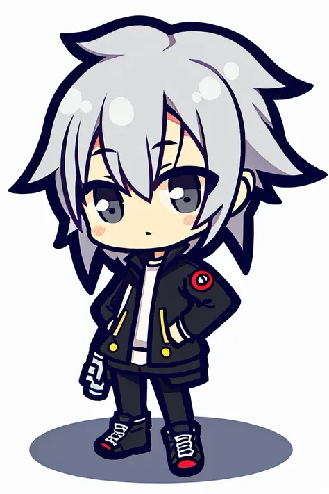 Chibi mini character 　 anime style 　
 looks like a rapper　Gray Hair　White background　solo, 
male　cool