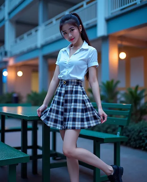  realistic high quality photo of Thai woman ,  beautiful girls ((( big boobs ,  big breasts , nsfw))) ,  top quality , A 20 year old Thai girl is standing near a green metal table,  Wearing a white shirt((( big boobs ,  big breasts , nsfw)),  and a plaid s...