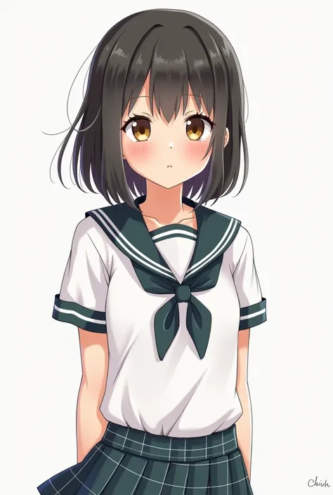  Character Chika
1 .  Beautiful with shoulder-length short hair .
2.  Slightly dark skin ,  shows her fondness for sports .
3.  Bright and vibrant eyes .
4.  Wearing a Japanese womens high school uniform  (White blouse, rok plaid).
5.  Athletic and healthy...