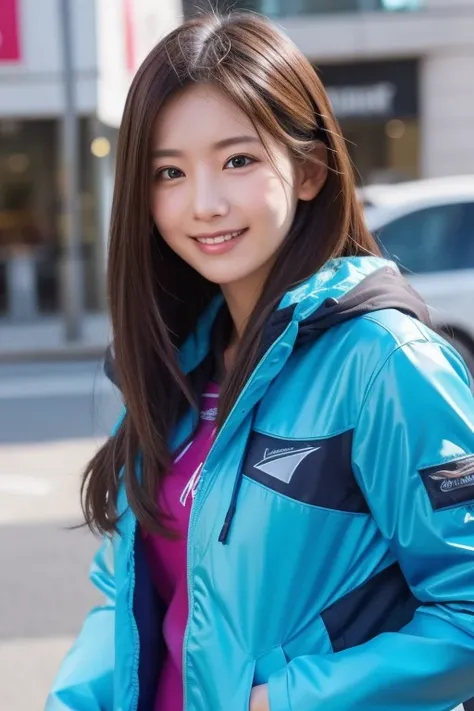 masterpiece,  top quality :1.1), (8k,  RAW photos ,  Photorealistic:1.2, F22), ( Shiny Skin),  detailed skin, long hair, detailed face ,   detail eyes, smilee,  The Real World,  more info, smile,  1 girl, jacket, , valley, Touch ,  light blue jacket {x},  ...