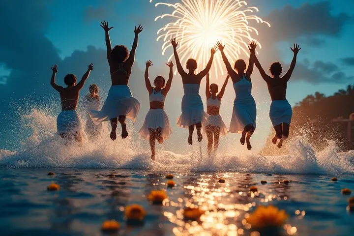  Create a bright and festive image ,  reflecting the traditions of celebrating New Year in Brazil .  Depict a beach at night with a group of people dressed in white ,  symbolizing purity and peace ,  jumping over the waves of the ocean .  flowers floating ...