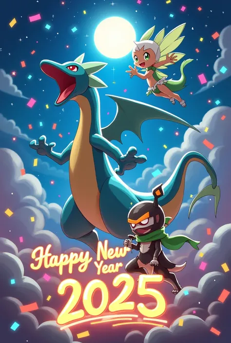 Make an image with a Gyarados ,  a Celebi and a Greninja celebrating the New Year and writing Happy New Year 2025