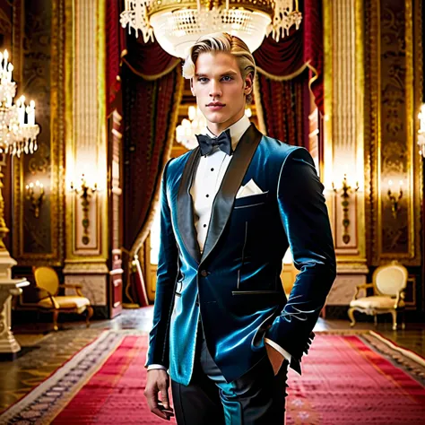 Visualize a 20-year-old German prince, the embodiment of grace and refinement, standing amidst the grandeur of a palace ballroom. His fair, short platinum blond hair is impeccably styled, framing his face with a youthful yet princely allure. His eyes, the ...