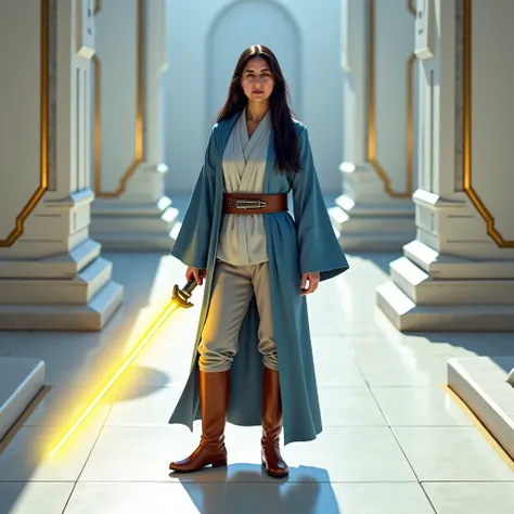 Use this image and create a woman  (( realistic )) long hair, and black in color.  Who wears gray and blue Jedi robes . Wearing gray pants .  who wears long brown boots .  That you carry in your hand a single-leaf lightsaber in the color yellow,  at an ang...