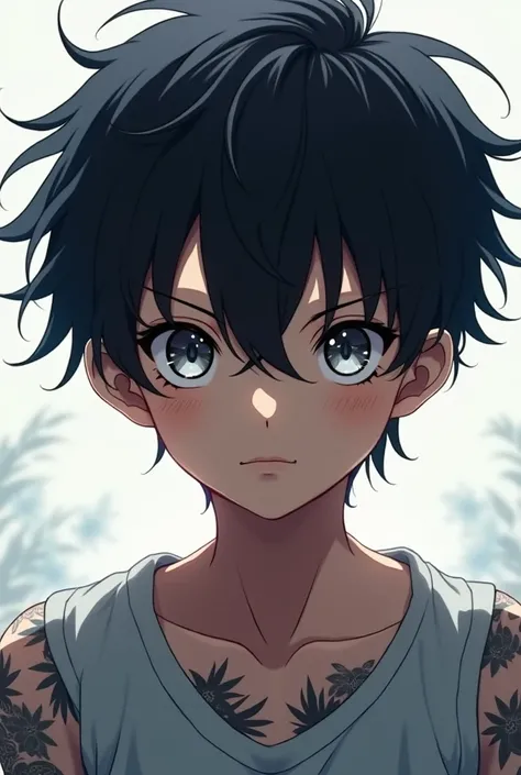 Black-haired boy,  gray eyes, tatuajes,  anime style 