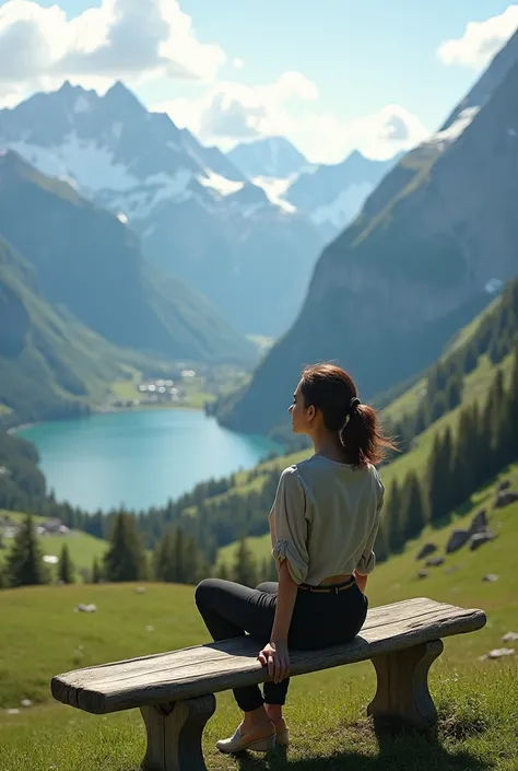  Create a woman sitting on a bench, in a Swiss Alps 
